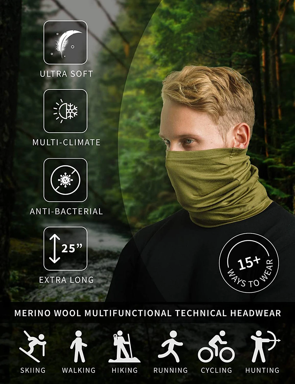 100% Merino Wool Neck Gaiter& Bandana Women Men Merino Lightweight Ski Face Mask Neck Warmer Ring Wrap 1 Layer Warm Cover Scarf