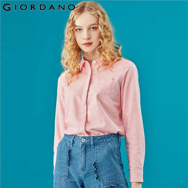 Giordano/женская рубашка из плотного хлопка с одним карманом и длинным рукавом, однотонная Повседневная блуза, Blusas Mujer De Moda 05349607