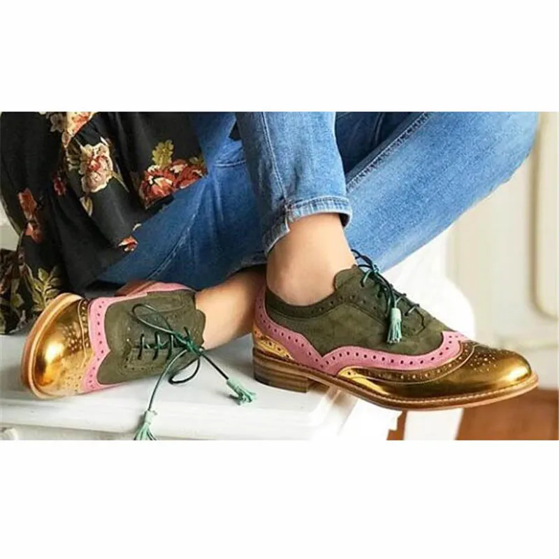 British Women Pu Leather Mixed Colors Perforated Lace Up Oxfords Brogues Wingtips Saddle Shoes For Work Ladies New Flats