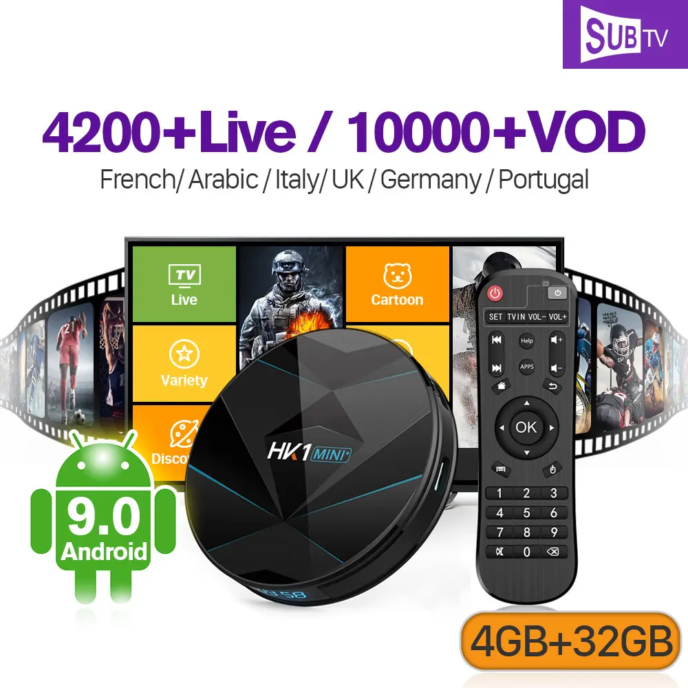 

HK1 MINI+ Android 9.0 IPTV SUBTV Smart France Canada Box with 1 Year Code BT 4.0 Portugal Italy Belgium Arabic IPTV Subscription