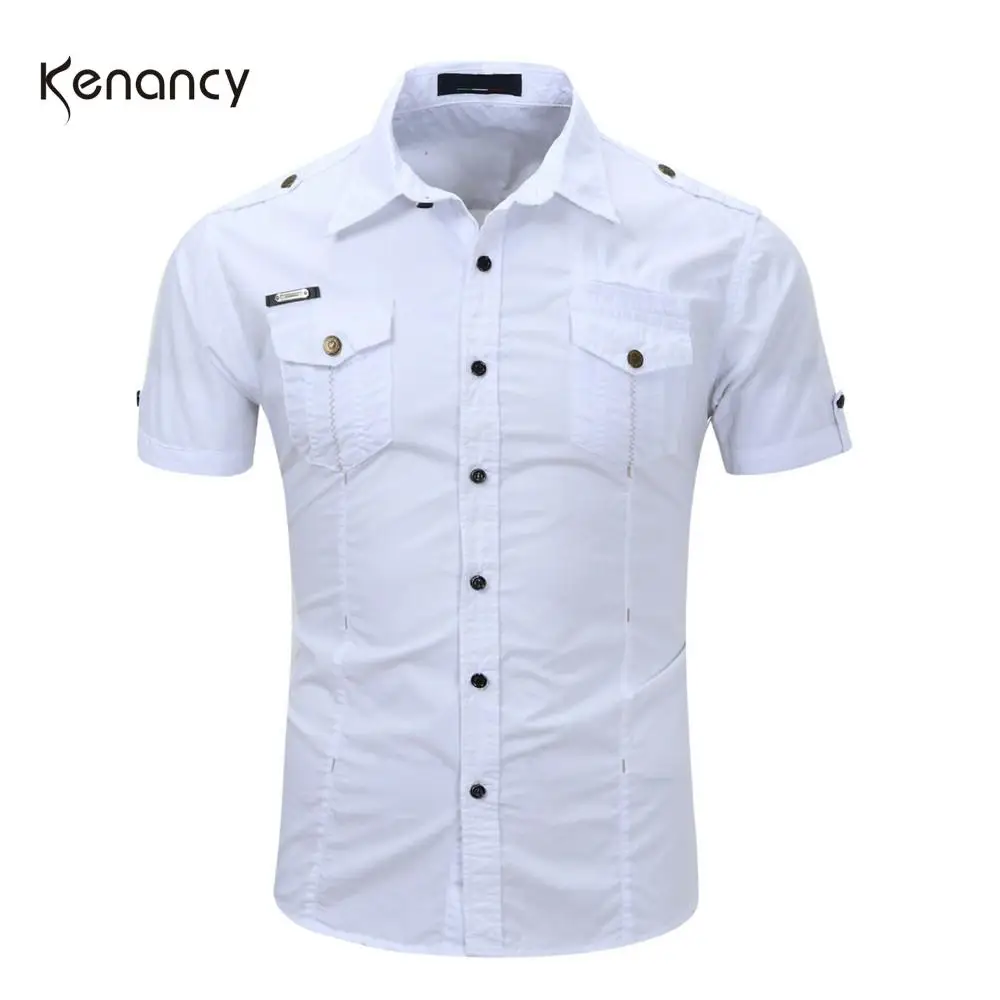 Hemiks Men Shirt Europe Size Men Cargo Casual Shirt Chemise Homme Summer Short Sleeve Solid Mens Shirt Cotton Camisa Masculina