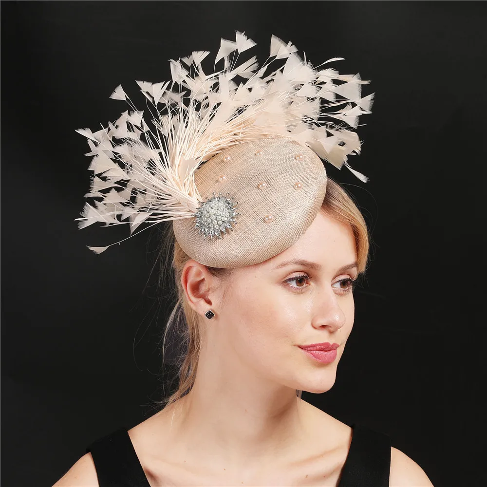 women fascinator hats High quality 4 layer sinamay elegant ladies wedding headwear with fancy feather occasion hair accessories
