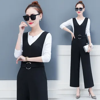 

Strap Wide Leg Pants Suit Female 2019 Pack Small Xiangfeng Socialite Pack Two-piece Set