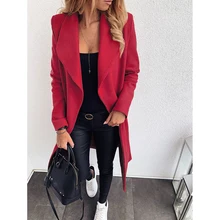 Женское осенне-зимнее Однотонное шерстяное пальто, куртка, уличная одежда, бандаж, длинный рукав, Женская Повседневная тонкая плотная верхняя одежда, большие размеры, S-3XL