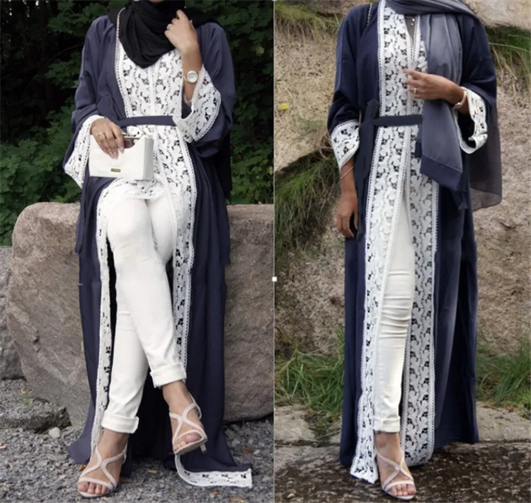 Fashion Muslim Lace Maxi Dress Abaya Embroidery Cardigan Long Robes Tunic Kimono Jubah Middle East Ramadan Arab Islamic Clothing |