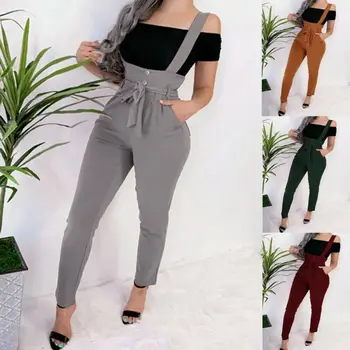 

Women Streetwear Long Pants Bandage Design Button Pockets Decor High Waist Pencil Pants Lady Slim Hips Shoulder Straps Trousers