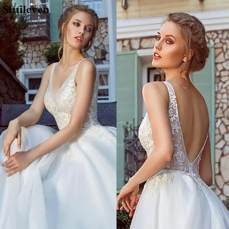 

Smileven Boho Wedding Dresses Lace A-Line Beach Wedding Gowns Appliques Tulle Backless Princess Sexy Bride Dress 2020