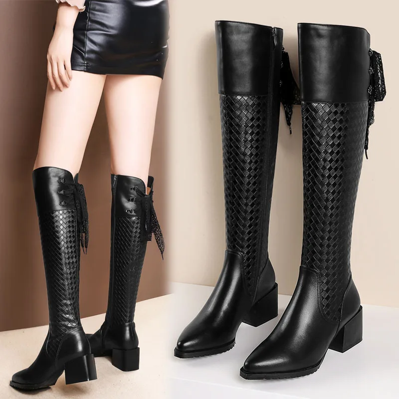 

Newest Women Sexy Black Shoes Genuine Leather Knee High Mid-Chunky Heel Boots Lady Pionted Toe Back Tie Zipper Knight Boots