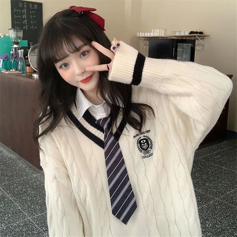 Student Uniforms Women Korean Version Style V-neck Loose Casual Knitted Sweater Autumn Winter