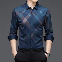 Chemise à manches longues pour hommes, nouvelle mode printemps automne, Business, motif rhombique, chemise de luxe, élasticité, Slim Fit