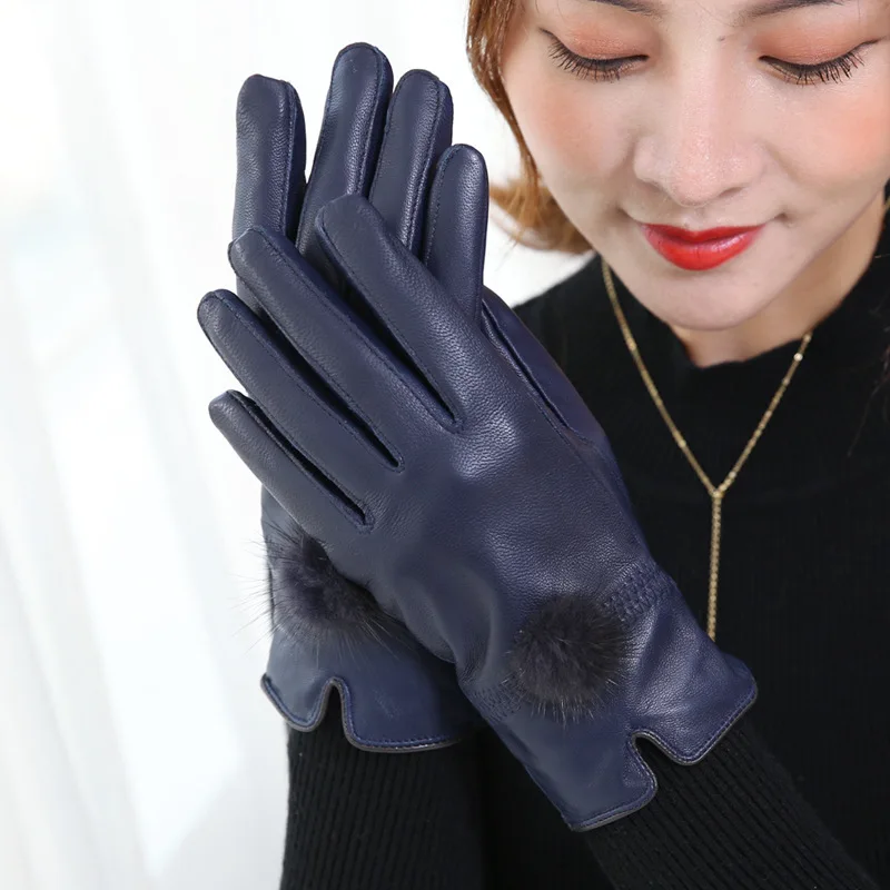 Blue Элегантные женские перчатки из натуральной кожи, овчины, меха норки, женские зимние перчатки с плюшевым толстым бархатом, теплые тонкие перчатки для вождения L61 - Цвет: Blue