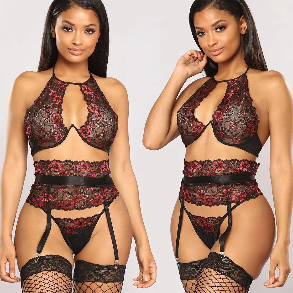 3pcs Sexy Lace Lingerie Set Women Underwear Bra Brief Sets Push up Transparent Embroidery Bre #W | Женская одежда
