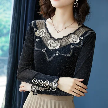 

M-5XL Plus size woman tshirts New 2020 Autumn winter long sleeve women t-shirt Elegant Embroidered bottoming shirt tops