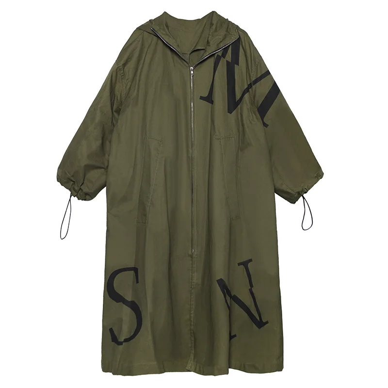 Oversize women's loose hooded trench coat fashion letter print batwing sleeve army green windbreaker for Muslim ladies