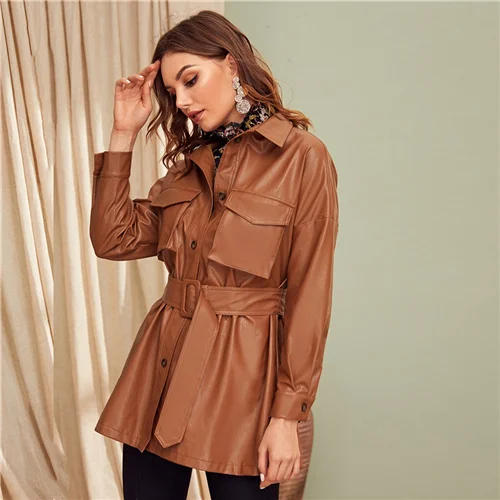 Brown Sheinside коричневая Повседневная Женская куртка из искусственной кожи весенняя одежда с ремнем и карманами женские куртки на пуговицах - Цвет: Brown