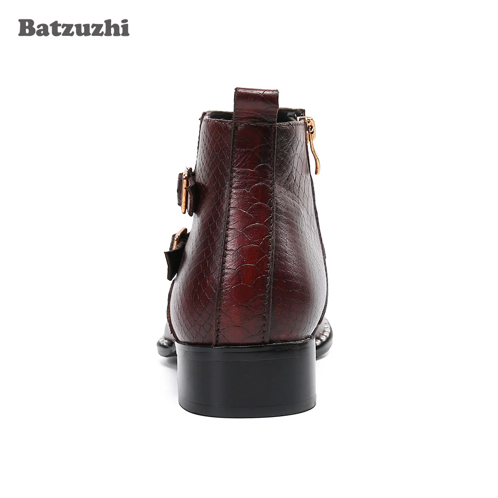 Batzuzhi Handmade Men's Leather Boots Short Brown Genuine Leather Boots Men Buckle Zip Motorcycle Business Boots Botas Hombre
