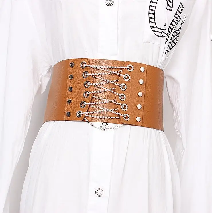 Women's runway fashion diamonds pu leather bandage Cummerbunds female Dress Corsets Waistband Belts decoration wide belt R1915