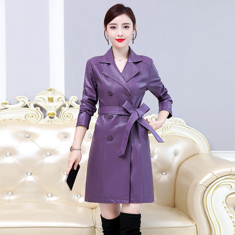 Purple Plus Cotton Осенне-зимняя куртка из искусственной кожи размера плюс 6XL женское двубортное пальто из искусственной кожи женское длинное пальто с поясом - Цвет: Purple Plus Cotton