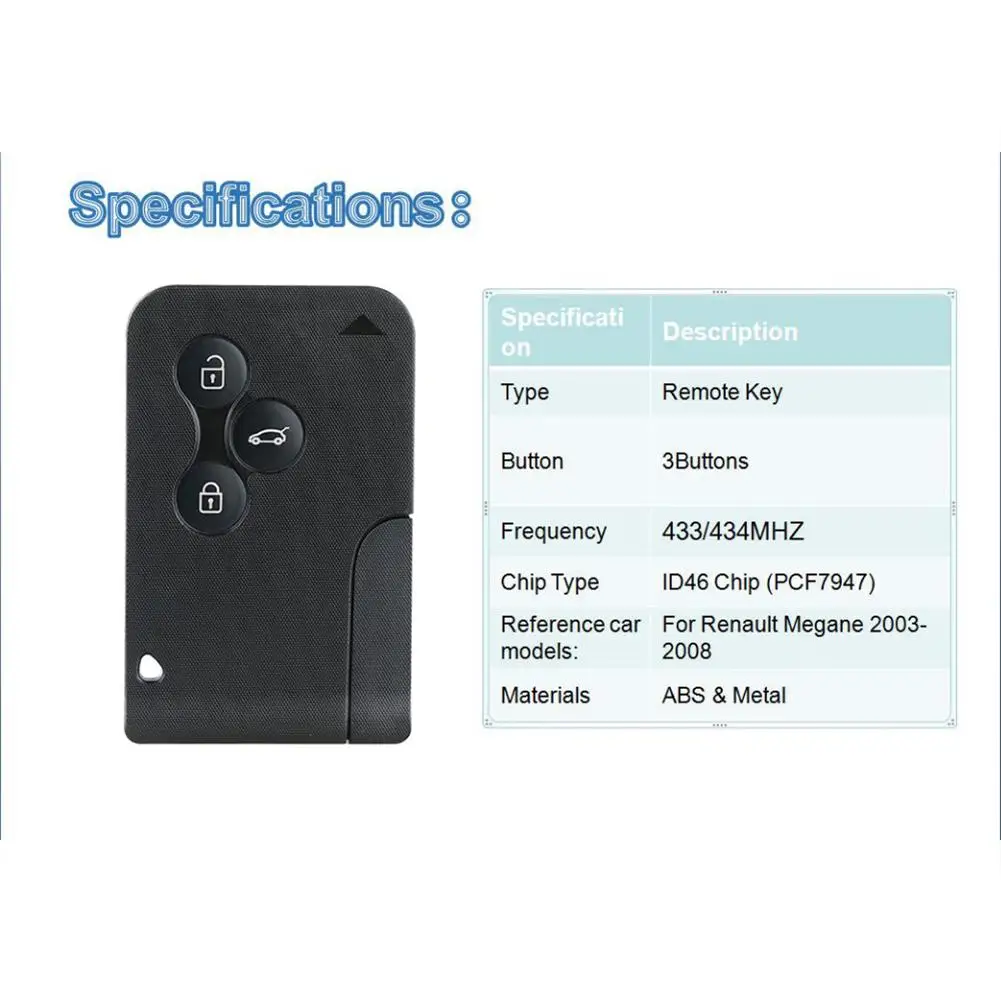 3 Смарт-карта с кнопками с чипом ID46 434 МГц для пульта дистанционного управления Renault Megane