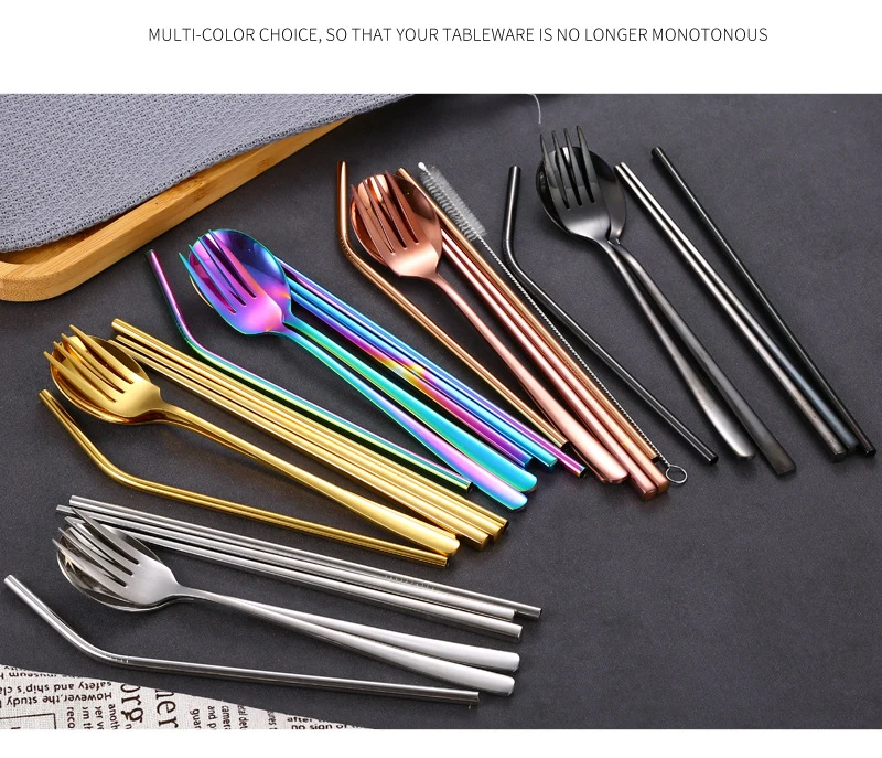 7pc 304 Stainless Steel Fork Spoon Chopsticks Set Creative Portable Tableware Straw Fork Chopsticks 7 Pieces Dinnerware Set