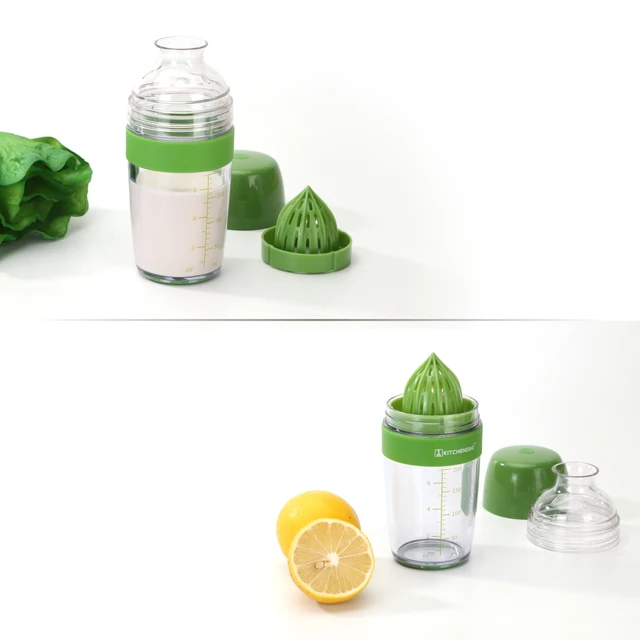 2 in 1 Salad Dressing Shaker Container with Citrus Juicer, Dripless Pour,  Leak-free, Soft Grip, Dishwasher Safe, BPA Free, Homemade Salad Dressing