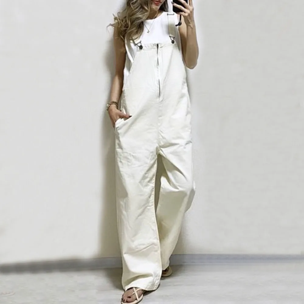 Korean Jumpsuit Women One Piece White Chic Full Length Micro-Elastic With Pocket Straight Loose Suit Casual Office Long Rompers |