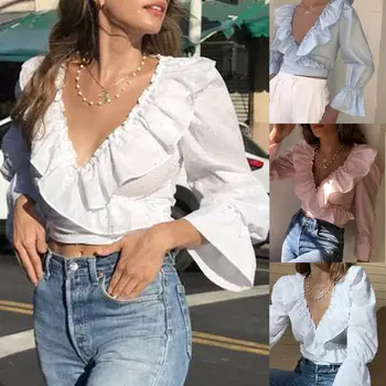 

Womens Ladies Fashion Ruffled Blouses Sexy Deep V-Neck Crop Top Slim Long Puff Sleeve Blouse Casual Blouses Female T-Shirt Tops