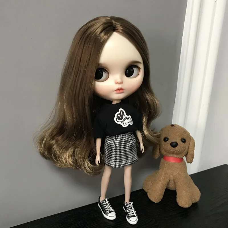 2pcs/set Blyth Doll Clothes Black T-shirt, plaid skirt for Blyth, Azone OB24 OB23 1/6 doll accessories