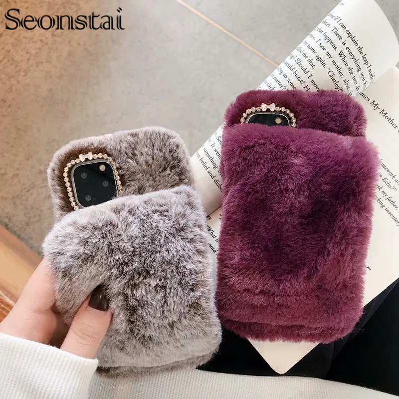 

Glitter Warm Fluffy Plush Phone Case For iPhone 11 Pro Max Cute Rabbit Fur Case For iPhone XR XS Max Hand Ring Stand Holder Capa