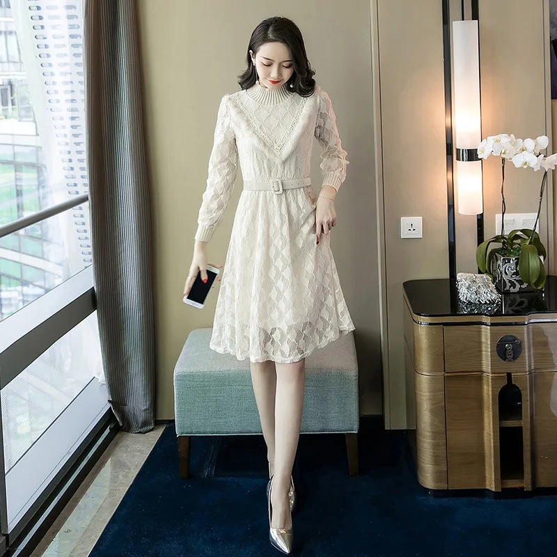

2018 Autumn And Winter New Style Korean-style Elegant Hollow out Lace Dress Slimming Long Sleeve Base Skirt