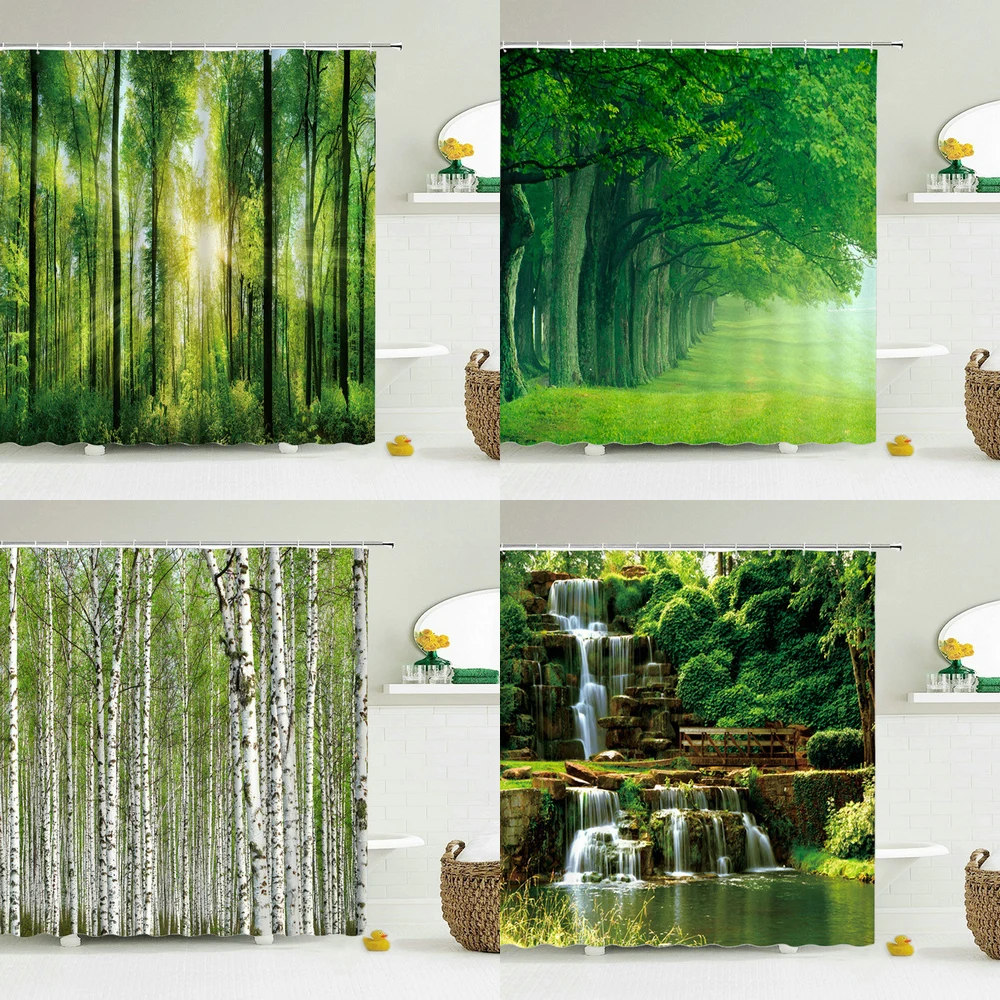 Shower-Curtain Hooks Tree Forest 3d-Printing Bathroom Green Waterproof Landscape Modern