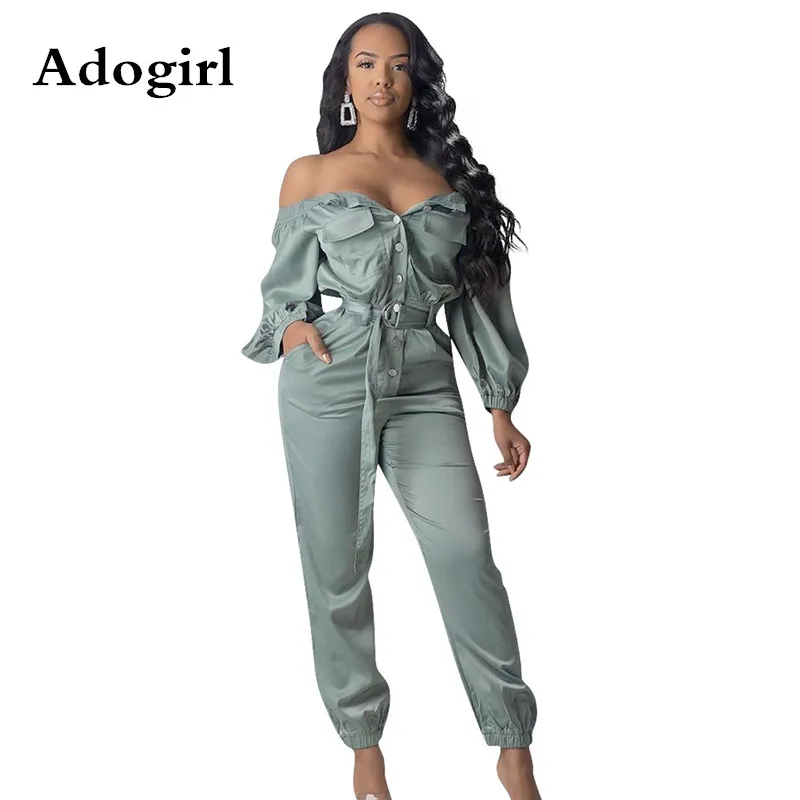 

Adogirl Sexy Off Shoulder Long Sleeve with Pockets Jumpsuit Office Lady Button Female Romper with Belt Combinaison Femme
