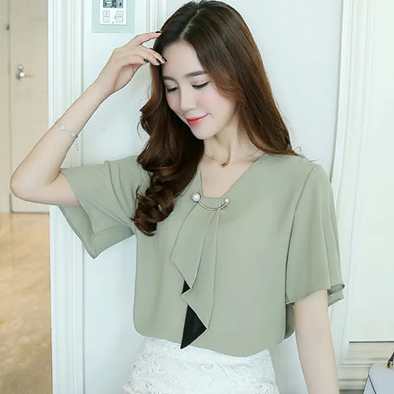 

Women Chiffon Blouses Fashion Flare Short Sleeve Solid Color Office Shirt Elegant Blouse Casual Ladies Tops Korean Blusas Mujer