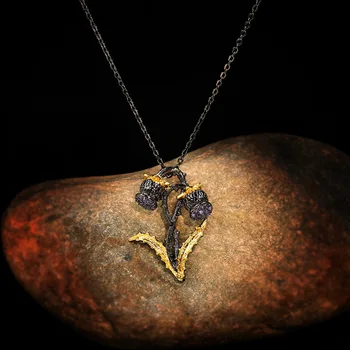 

CHARLINLIOL 925 Sterling Silver Amethyst Pendant Necklace for Women Bud Vintage Elegant Black Gold Necklace Chain Ethnic Jewelry