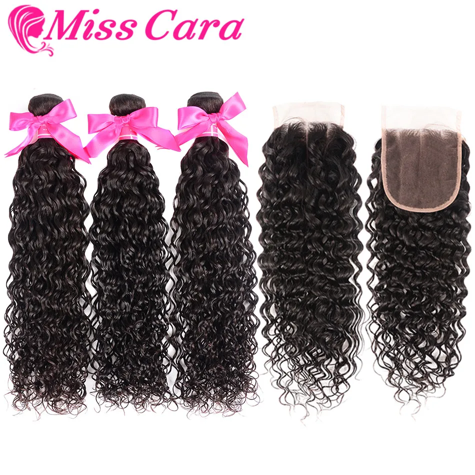 

3/4 Bundles Brazilian Water Wave With Closure 100% Human Hair Bundles With Closure Middle/Free Closure Miss Cara Remy Hair Weave