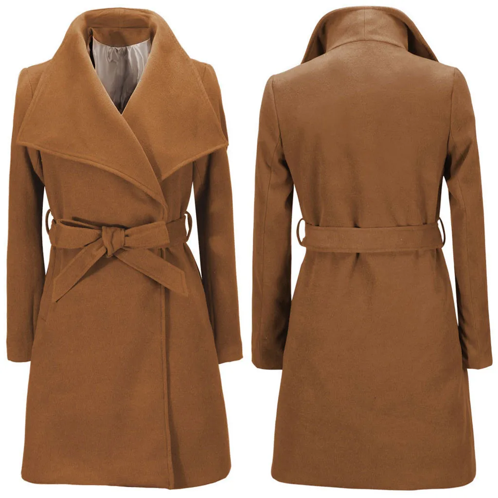 Теплое шерстяное пальто для женщин с лацканами и ремнями уличная верхняя одежда однотонные ленты элегантное женское пальто Manteau Femme