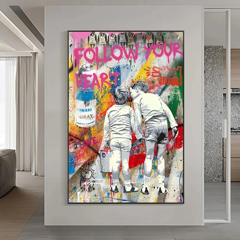 

Abstract Banksy Graffiti Art Canvas Painting "Follow Your Heart" Posters and Prints Street Wall Art Pictures Living Room Decor