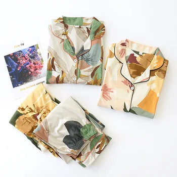 

2020 Autumn Leaves Printed Women's Pajama Cotton Plus Size Two-piece Set Brief Fashion Long Sleeve Home Clothes Female Sleepwear
