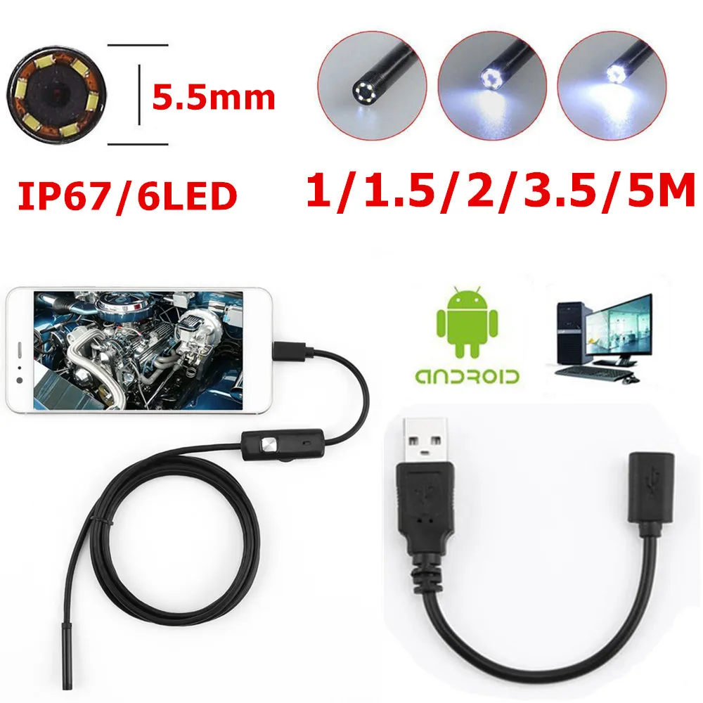 

new 6 LED 5.5mm Lens Endoscope Waterproof Inspection Borescope for Android Focus Camera Lens USB Cable Waterproof Endoscope