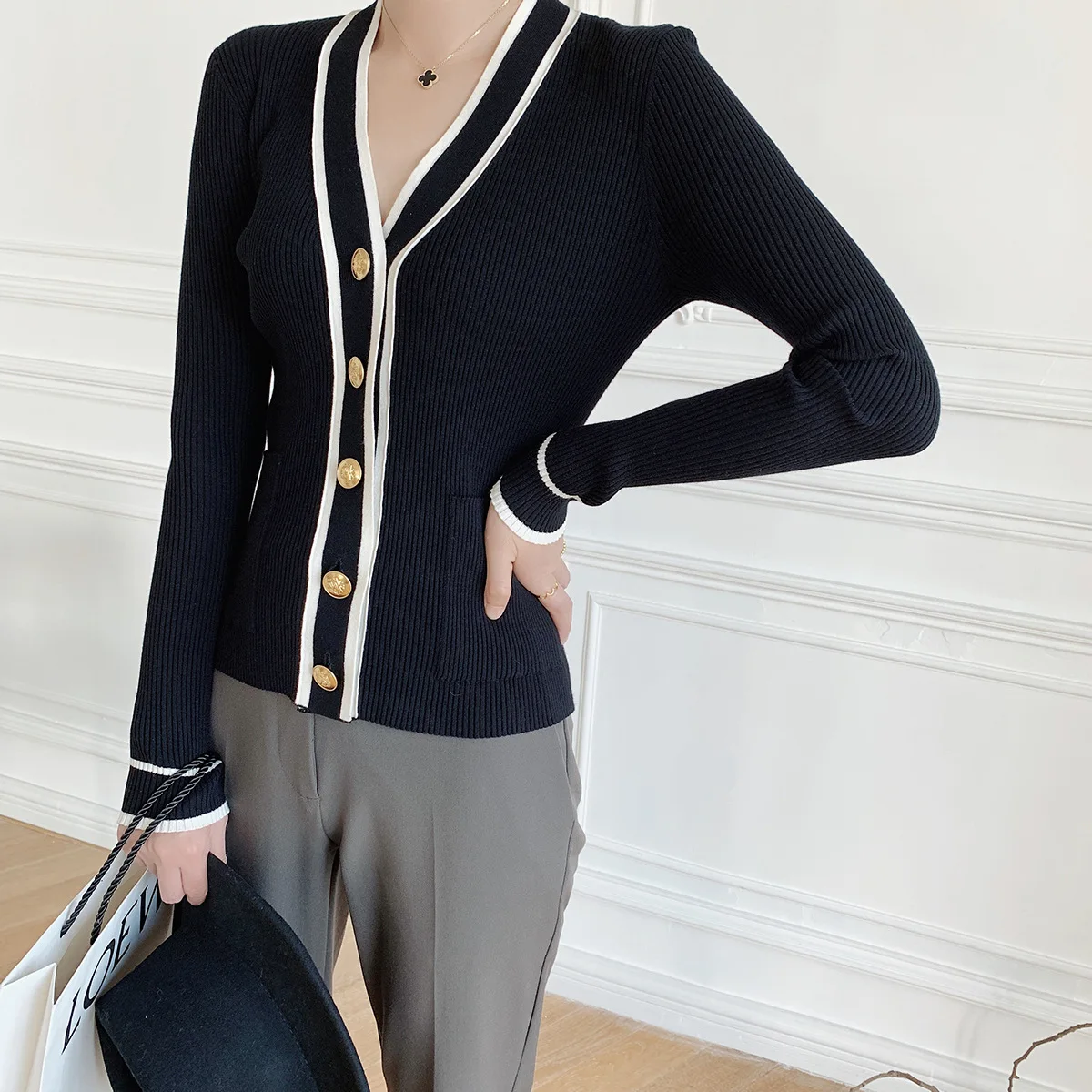 Elegant Black Cardigan Women White 