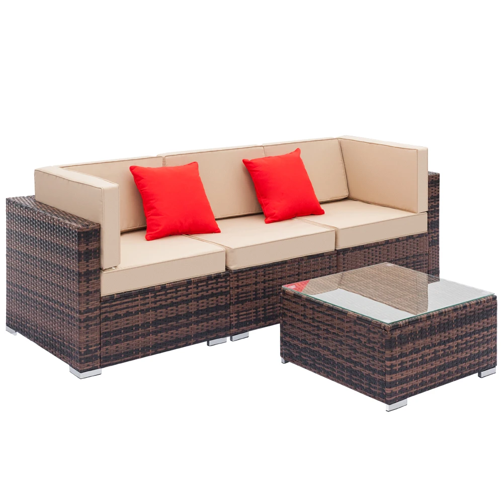 【US Warehouse】Fully Equipped Weaving Rattan Sofa Set with 2 Corner Sofas & 1 Single Sofas & 1