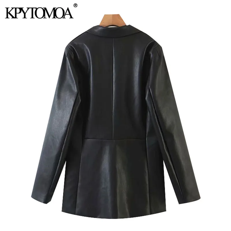 KPYTOMOA Women 2020 Fashion Faux Leather Single Button Blazers Coat Vintage Long Sleeve Pockets Female Outerwear Chic Tops