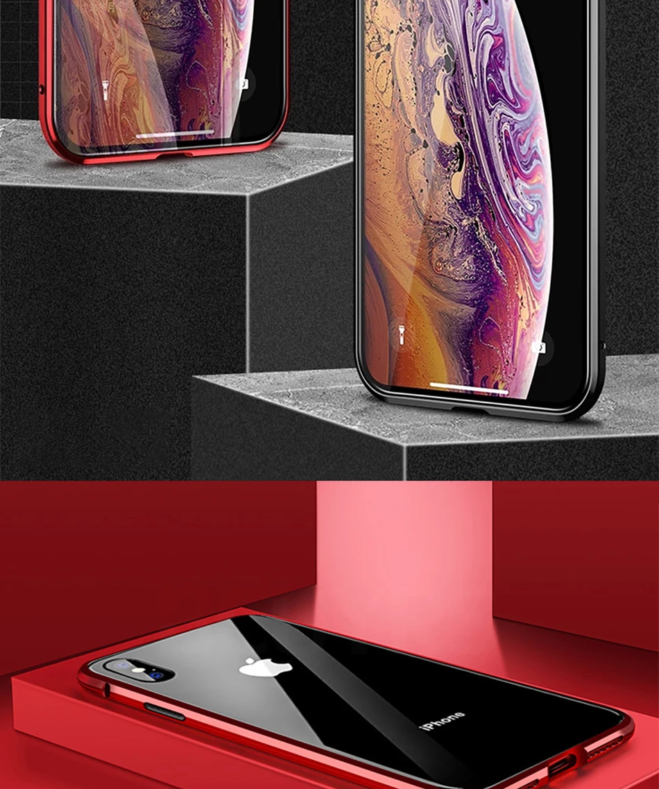 BCUYRS металлический магнитный чехол для iPhone XR XS MAX X 8 Plus 7+ Чехлы из закаленного стекла на заднюю панель с магнитом чехол для iPhone 7 6 6S Plus