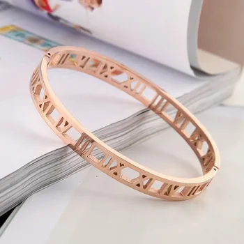 

Hot Sell Classic Design 3 Colors Beautiful And Elegant Hollow Roman Numeral Bracelets & Bangles Stainless Steel Bangle For Woman
