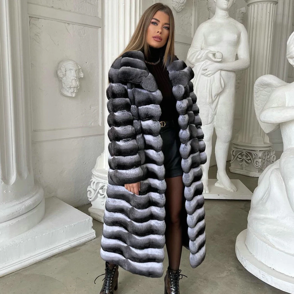 130cm Long Real Rex Rabbit Fur Coat with Lapel Collar Fashion Chinchilla Color Natural Rex Rabbit Fur Coat Luxury Fur Overcoats