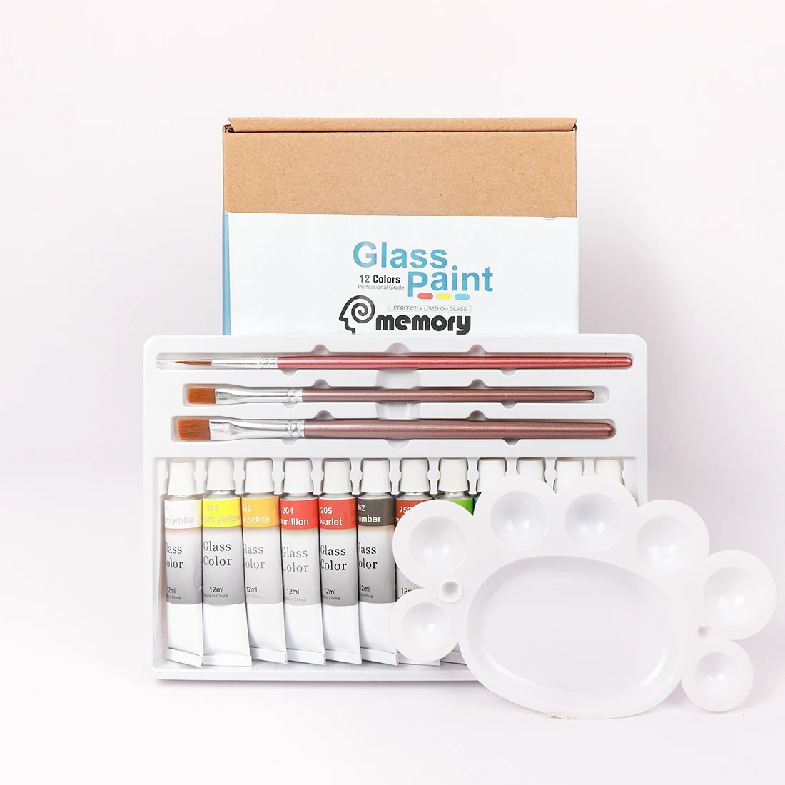 Memória 12 cores de vidro acrílico tintas definir arte pintura pigmentos kit para vidro-incluem 3 escovas e 1 paleta