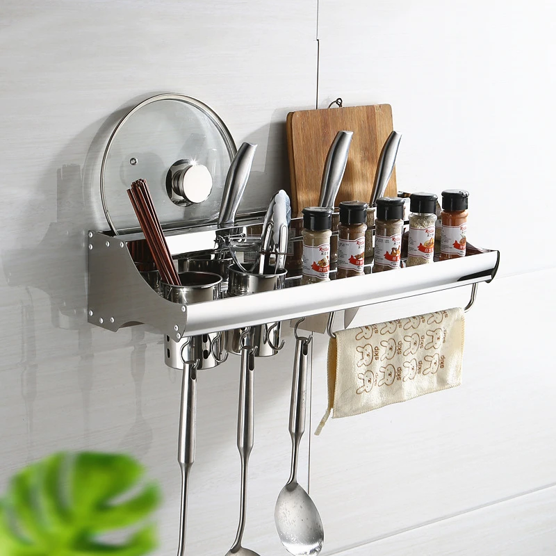 

304 Stainless Steel Mirror Finish Kitchen Storage Rack Wall Mounted Organizer Shelf Seasoning Box Container Cutlery Accessories