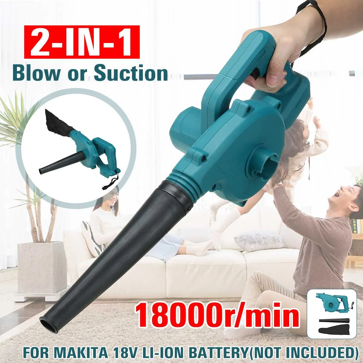 2 IN 1 Cordless Electric Air Blower Handheld Vacuum Leaf Dust Collector Cleaner Power Tool for 18V Makita Battery 18000r/min