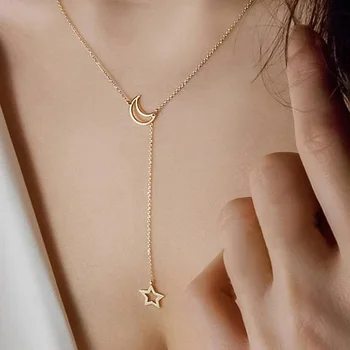 

POXAM New Fashion Trendy Jewelry Copper Alloy Star Moon Chain Link Necklaces & Pendants For Women Girl 2020 Jewelry Wholesale