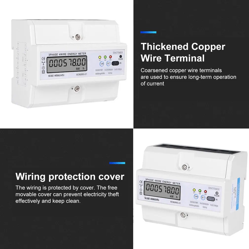 SINOTIMER RS485 Modbus Rtu din-рейка 3 фазы 4 провода ЖК-цифровой ваттметр электронный измеритель энергопотребления 380 В